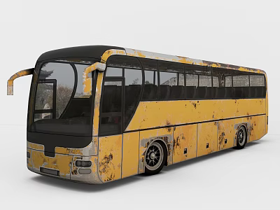 Old Rusty Yellow Bus Exterior With Worn Paint And Large Windows 3d model