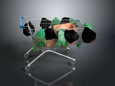 Metallic Shopping Cart With Blue Handle Filled With Black Green And Orange Bags 3d model