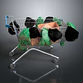 Metallic Shopping Cart With Blue Handle Filled With Black Green And Orange Bags