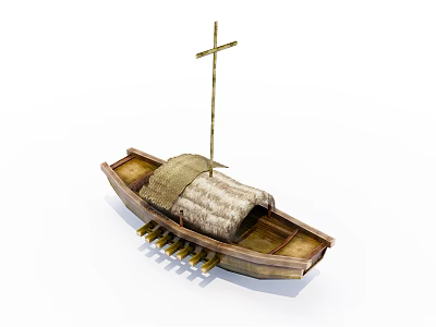 Traditional Handmade Wooden Boat With Mast Thatched Roof And Hull Structure 3d model