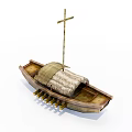Traditional Handmade Wooden Boat With Mast Thatched Roof And Hull Structure