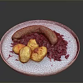 Delicious Grilled Sausage Served With Roasted Potatoes And Red Cabbage On Plate