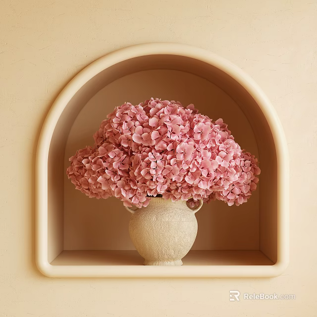 Pink Hydrangeas in Beige Vase Placed in Arched Niche on Light Beige Wall 3d model 