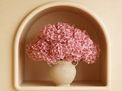 Pink Hydrangeas in Beige Vase Placed in Arched Niche on Light Beige Wall 3d model