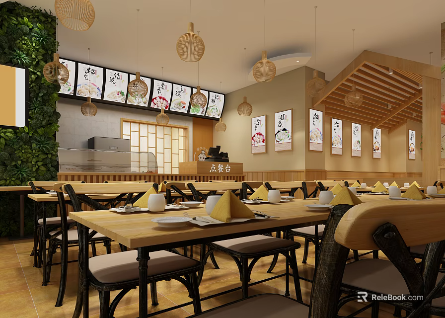 Natural Restaurant With Rattan Pendant Lights Wooden Tables And Chairs Decorative Paintings Green Plant Wall 3d model 