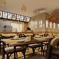 Natural Restaurant With Rattan Pendant Lights Wooden Tables And Chairs Decorative Paintings Green Plant Wall
