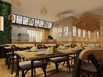 Natural Restaurant With Rattan Pendant Lights Wooden Tables And Chairs Decorative Paintings Green Plant Wall 3d model