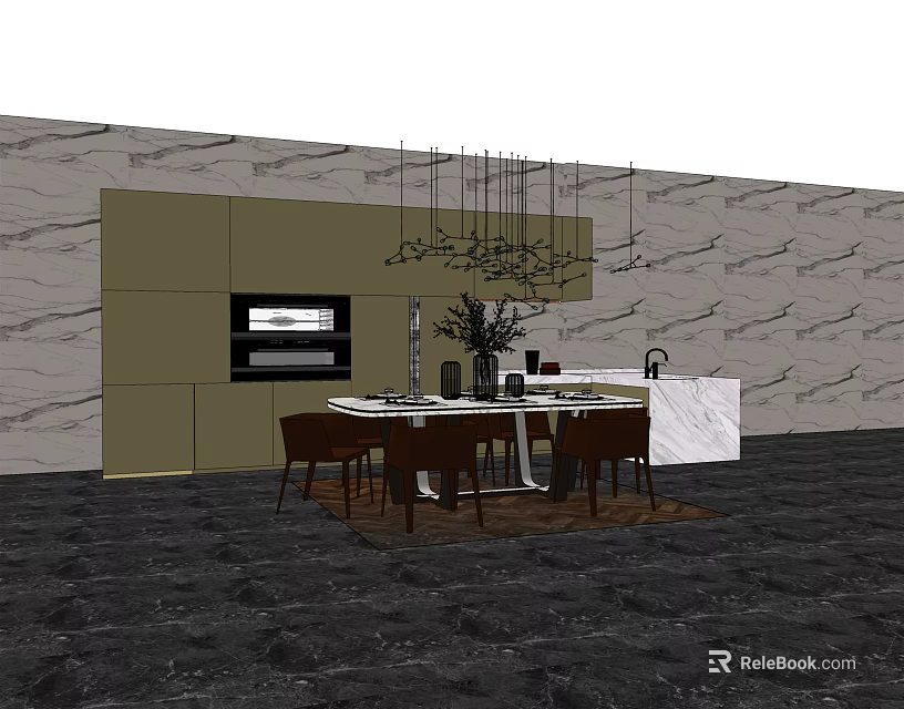 Modern Dining Table Combination With Chairs Hanging Lamp And White Stone Countertop 3d model