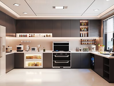 Modern Kitchen Interior With Dark Cabinets Appliances Countertop And Open Shelves 3d model