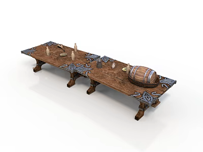 Rustic Wooden Long Table With Carved Edges Legs And Decorative Candles Plus Barrel 3d model