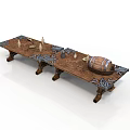 Rustic Wooden Long Table With Carved Edges Legs And Decorative Candles Plus Barrel