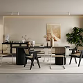 Modern Luxury Restaurant Interior With Open Design Dining Table Chairs Green Plants And Decorative Painting