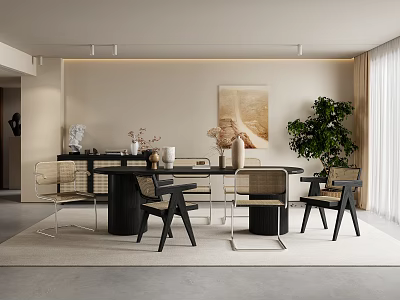 Modern Luxury Restaurant Interior With Open Design Dining Table Chairs Green Plants And Decorative Painting 3d model