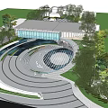 Modern Sales Office Building With Glass Curtain Wall Curved Design And Natural Landscape Surroundings