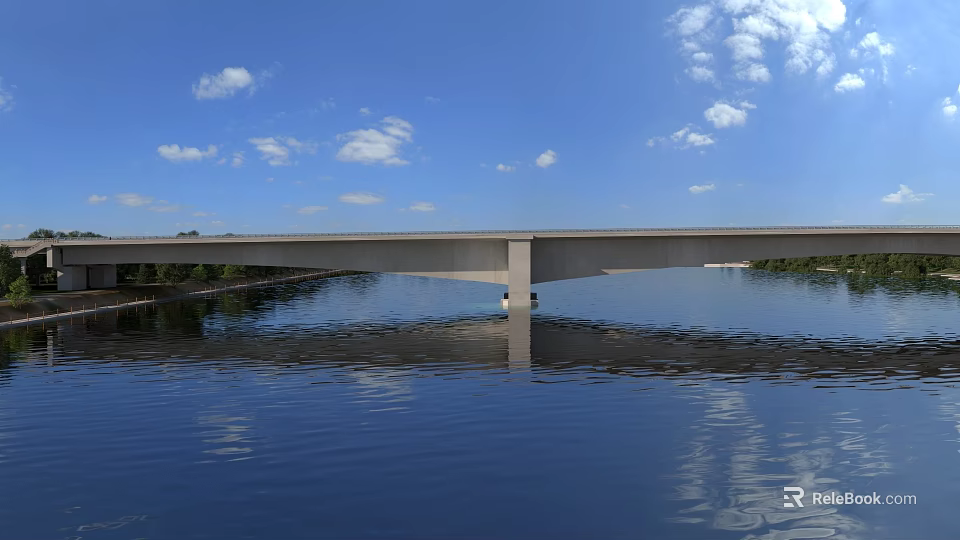Modern Bridge Spanning Over Calm River Under Blue Sky With White Clouds And Reflection 3d model 