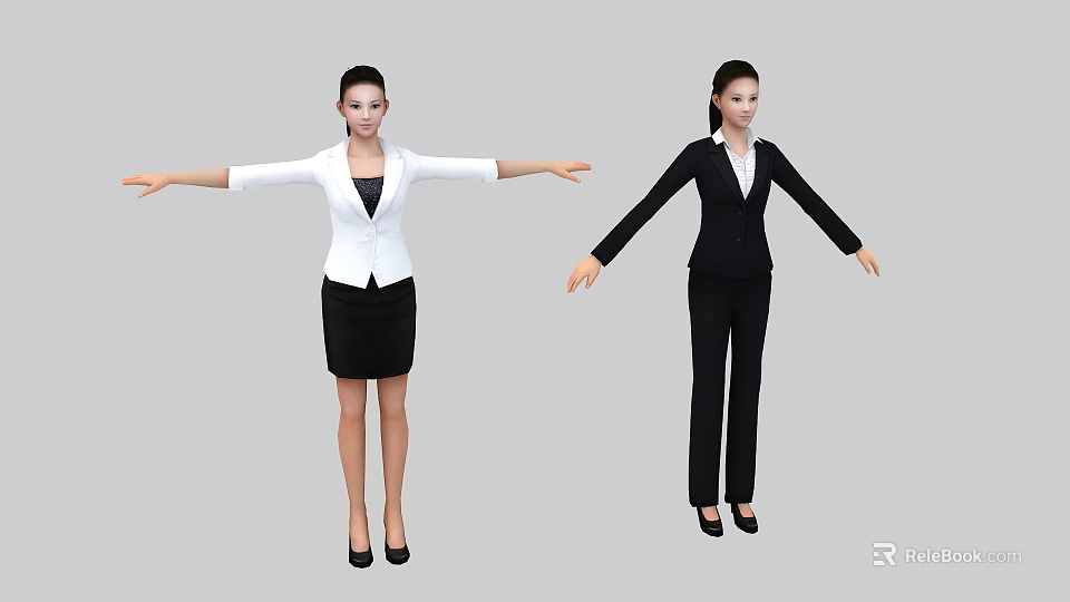 Two Women In Professional Attire White Blazer Black Skirt And Black Suit With Arms Outstretched 3d model 