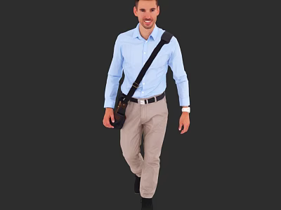 A man wearing light blue shirt and khaki pants with black crossbody bag smiling walking 3d model