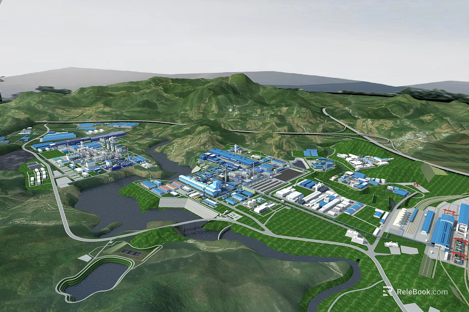 Industrial Equipment In Mountainous Industrial Park With Modern Manufacturing Facilities 3d model 