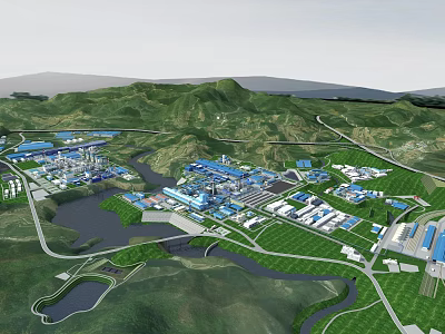 Industrial Equipment In Mountainous Industrial Park With Modern Manufacturing Facilities 3d model