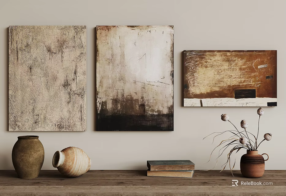 Abstract Paintings on Wall with Textured Surfaces Wooden Table Clay Vases Books and Dried Plants 3d model 