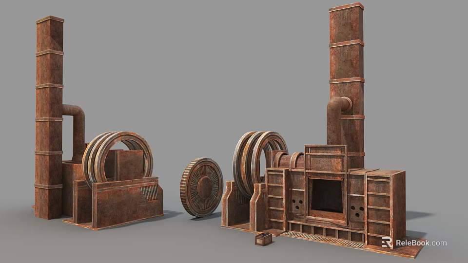 Vintage Rusty Industrial Equipment With Pipes Gears And Furnace Metal Structures 3d model 