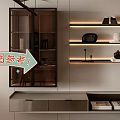 Modern Sideboard Wooden Gray Spacious Storage And Decorative Shelves With Vases Figurines In Dining Area