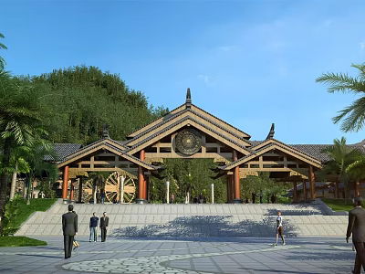 Traditional Style Entrance Gate With Wooden Structure Curved Roof And Green Plants Around Plaza 3d model