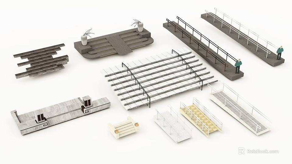 Various Stairs Design Models With Railings And Different Step Structures 3d model