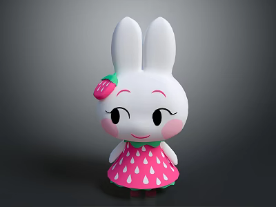 Cute White Rabbit Doll With Strawberry Head Decoration Pink Cheeks And Polka Dot Dress 3d model