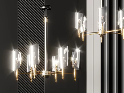 Modern Luxury Chandelier with Transparent Glass and Brass Metal Multiple Light Heads in Black Background 3d model