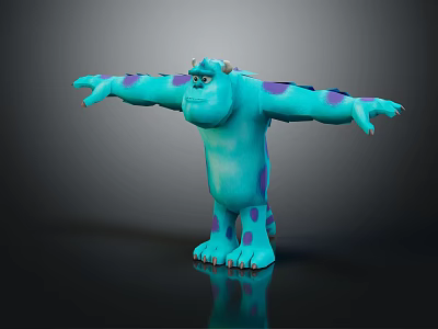 Blue Furry Monster Sulley Character 3D Model Standing With Arms Outstretched And Purple Spots 3d model