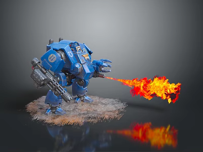 Blue Mech Warrior Character With Flamethrower And Gun Firing Flames On Textured Base 3d model