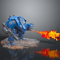 Blue Mech Warrior Character With Flamethrower And Gun Firing Flames On Textured Base