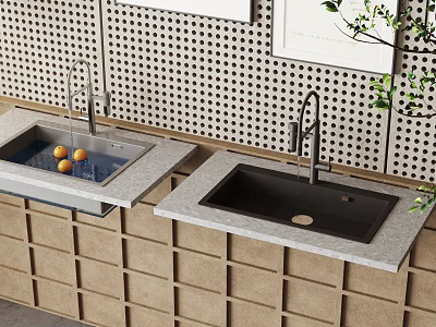 Two Modern Kitchen Sinks Stainless Steel And Black Basin Faucet Perforated Wall Wooden Cabinets Design 3d model