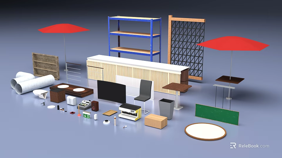 Interior Space Featuring Blue Shelf White Bar Counter Black Chair Round Table And TV 3d model 