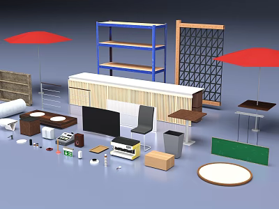 Interior Space Featuring Blue Shelf White Bar Counter Black Chair Round Table And TV 3d model