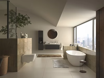 Modern Bathroom Interior With Glass Partition Round Mirror Bathtub and City View Window 3d model