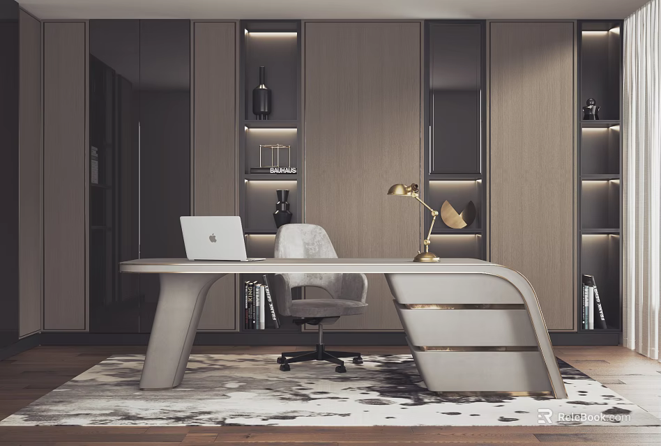 Modern Study Room Interior Design With Curved Desk White Chair And Gold Table Lamp 3d model 