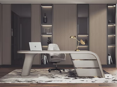 Modern Study Room Interior Design With Curved Desk White Chair And Gold Table Lamp 3d model