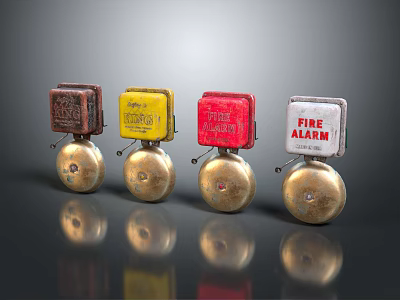 Classic Fire Alarm Devices With Multicolored Cases And Shiny Metal Bells 3d model