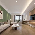Modern Hotel Guest Room With Green Wall Wooden Furniture Desk Chair And Area Rug