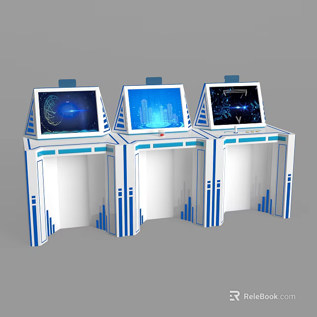 Three Modern Self Service Kiosks With Blue White Design And Digital Screens 3d model 