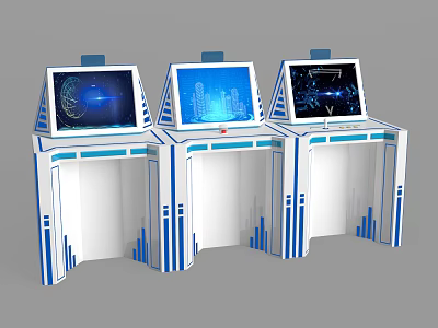 Three Modern Self Service Kiosks With Blue White Design And Digital Screens 3d model