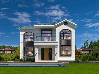 Modern Detached Villa Exterior With White Walls Large Windows And Front Lawn 3d model