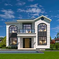 Modern Detached Villa Exterior With White Walls Large Windows And Front Lawn