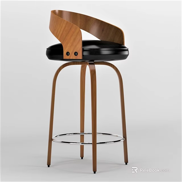 Modern Wooden Bar Stool With Black Cushion Armrest And Metal Footrest Design 3d model 