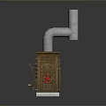 Vintage Cast Iron Stove With Red Knob And Vertical Metal Pipe