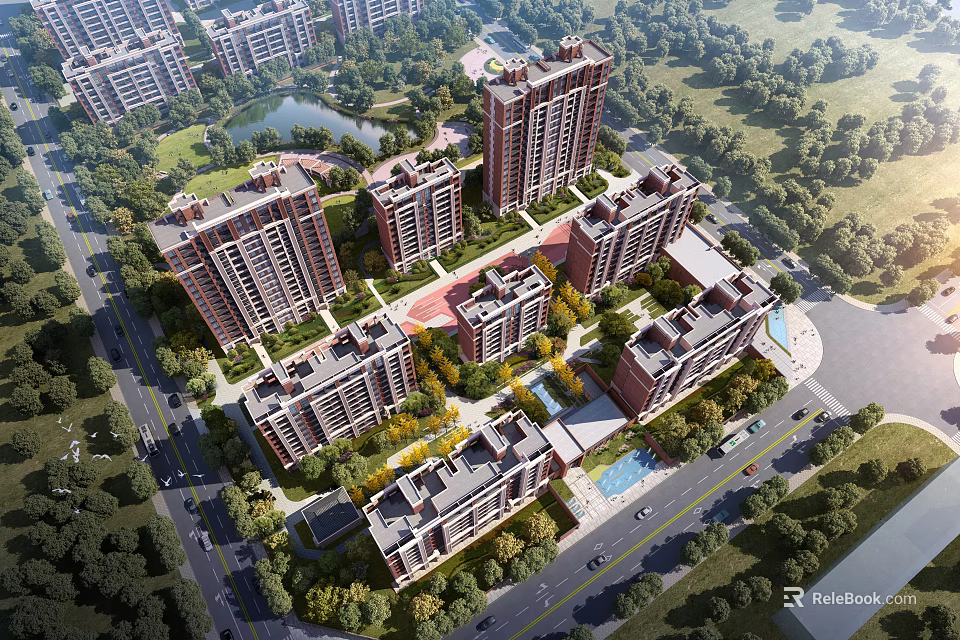 Birds Eye View Planning Of Residential Community With Buildings Greenery And Lake 3d model 