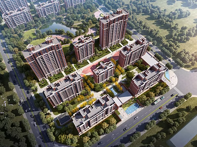 Birds Eye View Planning Of Residential Community With Buildings Greenery And Lake 3d model
