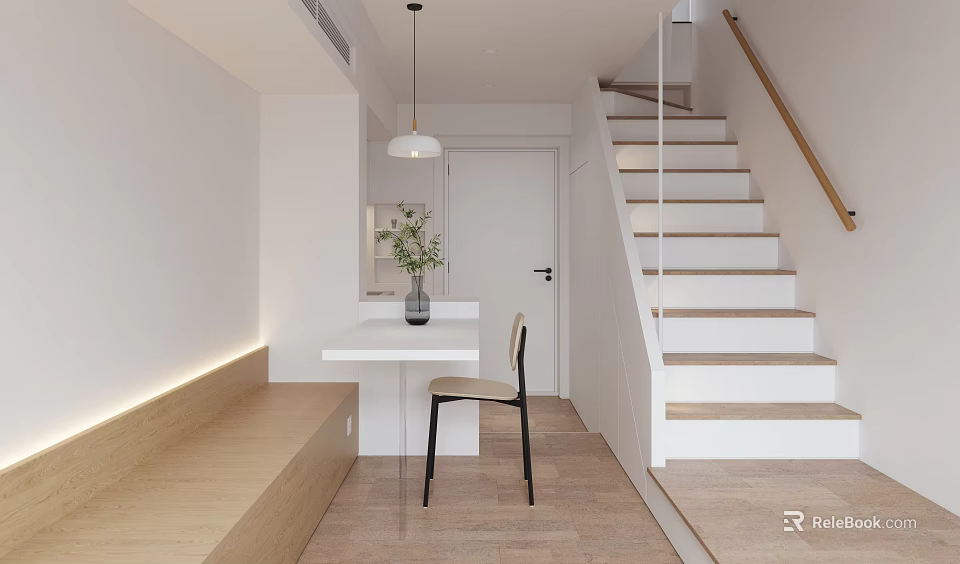Modern Apartment Interior With Staircase White Door Wooden Floor Bench And Hanging Lamp 3d model 